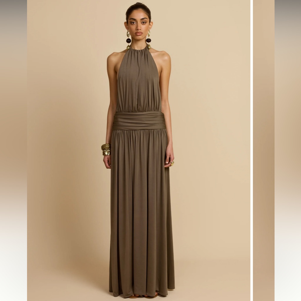 Halter Neck Maxi Dress In Olive Brown